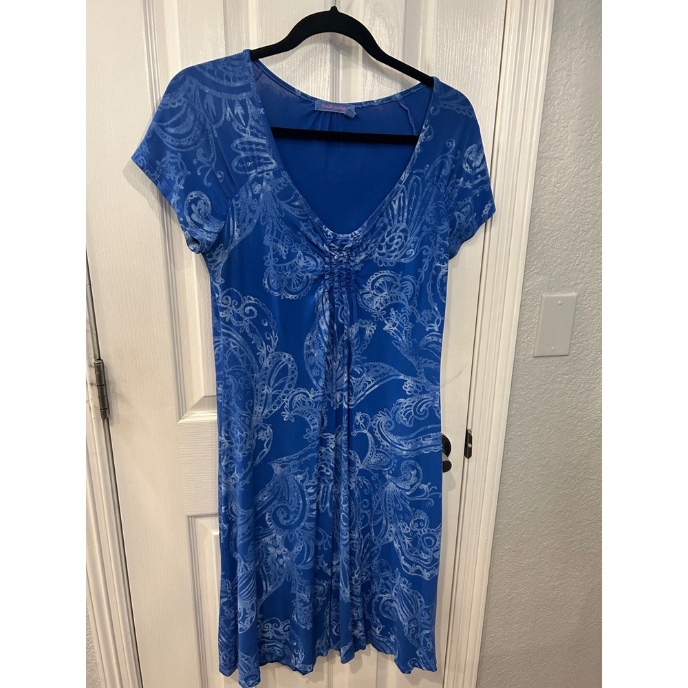 Fresh Produce Dress Blue‎ Paisley Ruched V-Neck Short Sleeve A-Line S